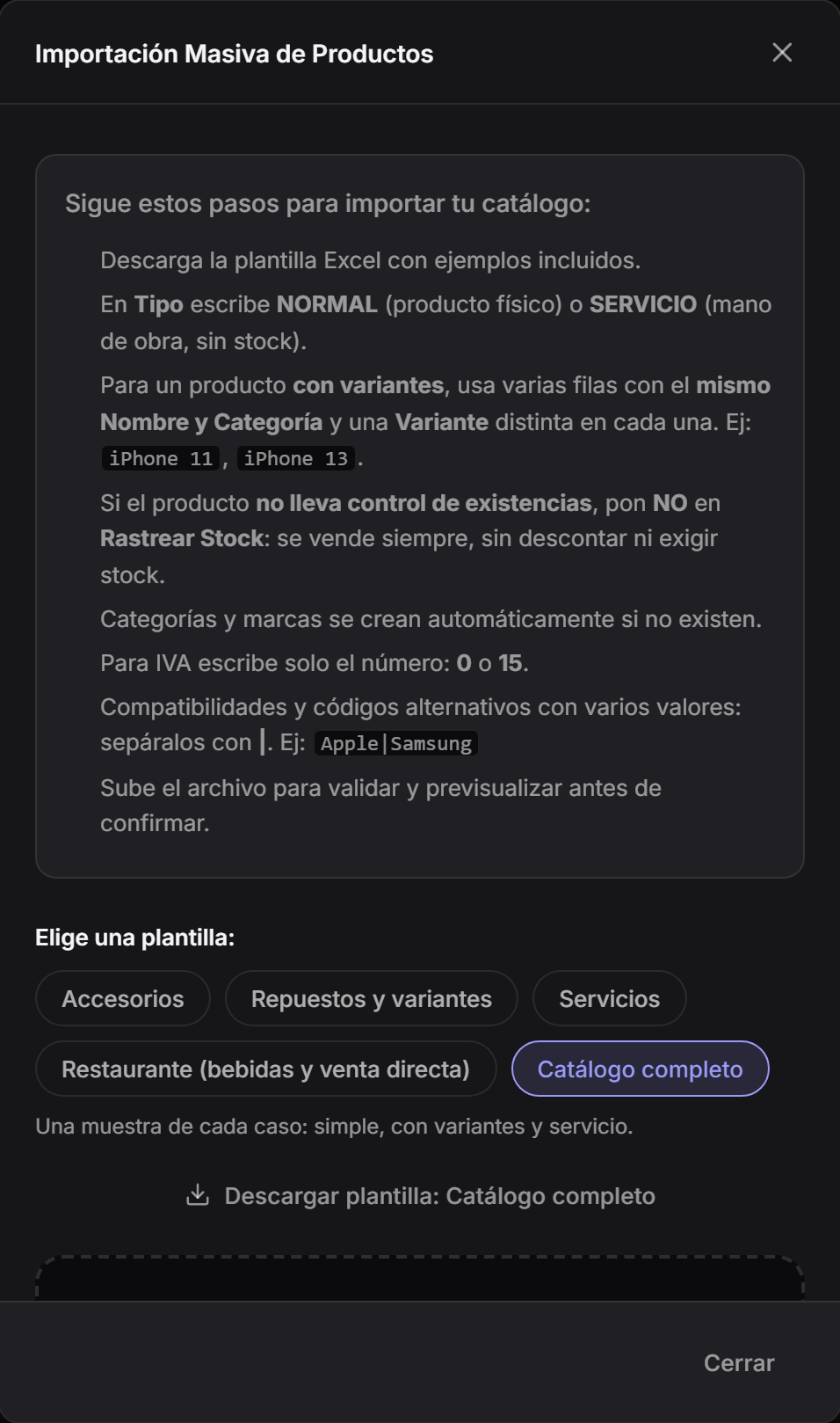 Importación masiva de productos desde una plantilla de Excel