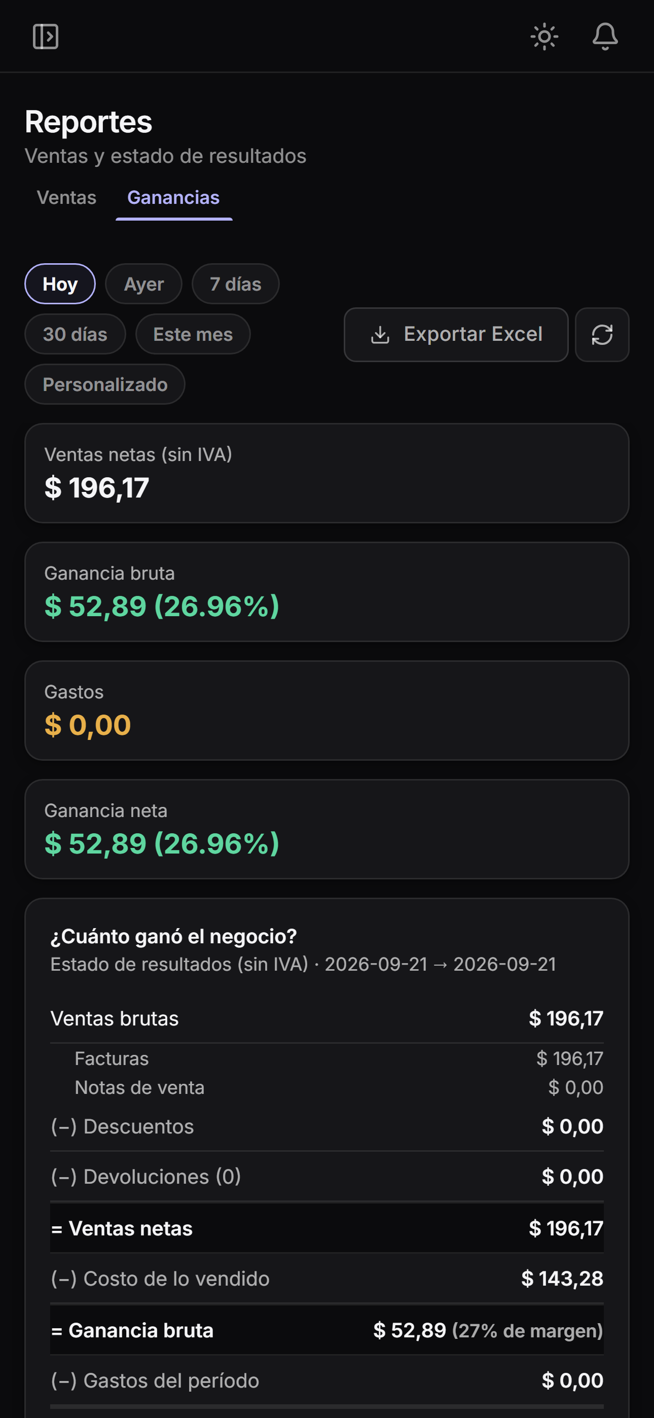 Estado de resultados del día en el celular: ventas, costo de lo vendido y ganancia